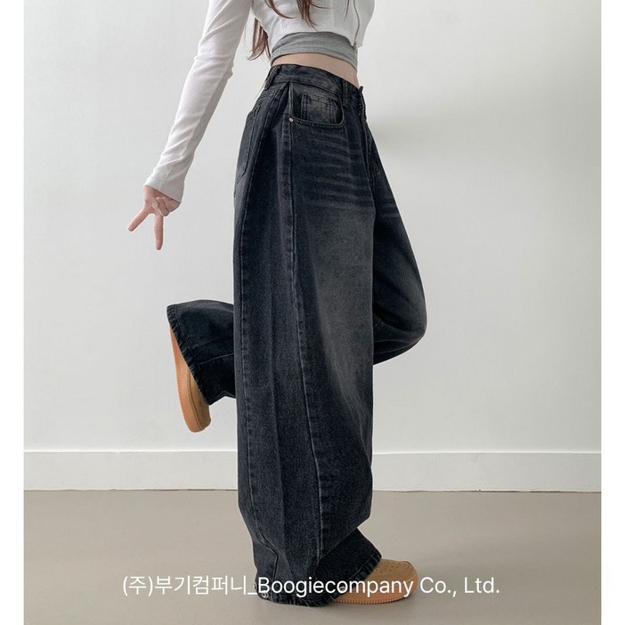 부기샵 벌룬 와이드 데님팬츠 라뚜 사이드핀턱 캣브러쉬 워싱 스냅버튼 조거 와이드 벌룬핏 군살커버 데님팬츠