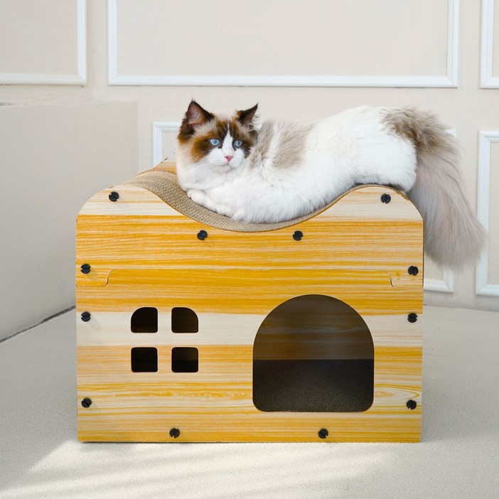 개과천선 어몽드 플로티 고양이 스크래쳐 원목 하우스 발톱 관리 골판지 스트레스해소 숨숨집, 우드, 1개