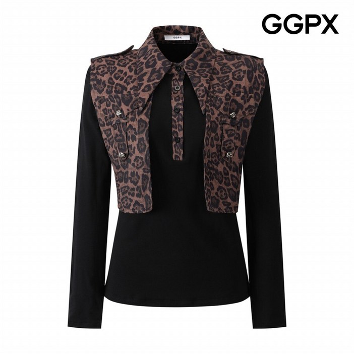 AK플라자 GGPX 카라넥 레오파드 반오픈 티셔츠 GPCTS014F