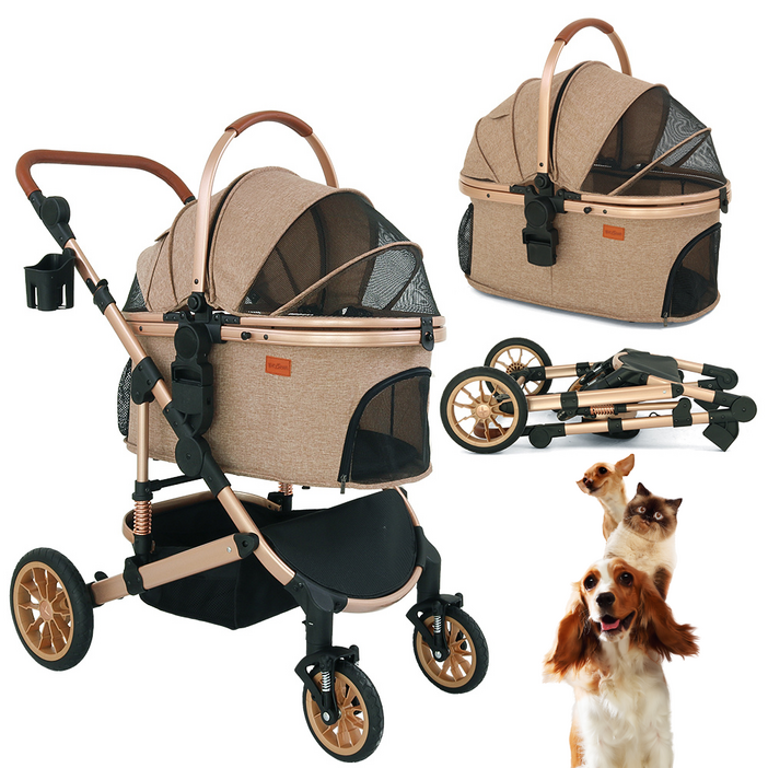 Bicystar 바퀴가 4개 달린 반려동물 유모차 소형중형 반려견용 접이식 여행용 캐리어 최대 50파운드 탈착식 휴대용 가방 수납 바구니 카시트 3 in 1 다기능