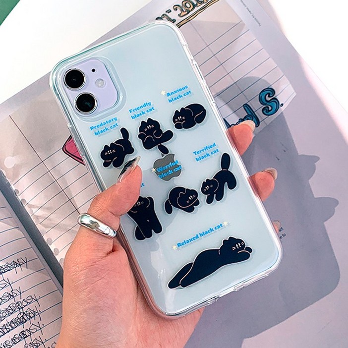 블링블링케이스 블랙캣 드로잉 투명 젤리케이스