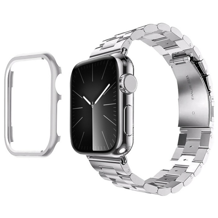 아이메이드잇 애플워치 호환 프리미엄 메탈 스트랩 밴드 + 케이스 세트, 실버