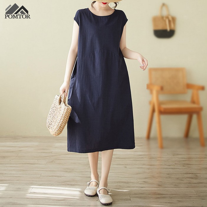 POMTOR 여름 여성 원피스 민소매 미디원피스 루즈핏 롱원피스