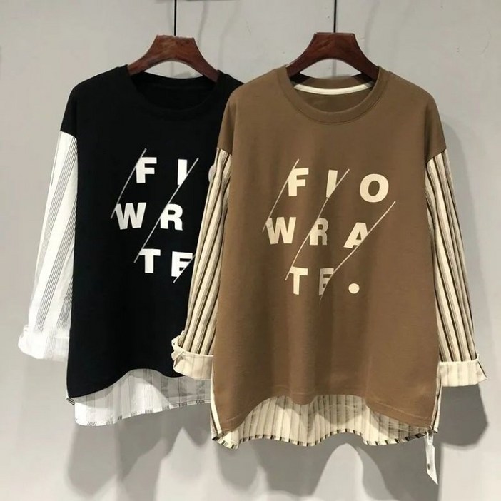 ORZQU 여성 레이어드 맨투맨 스트라이프 레터링 프린팅 오버핏 빅사이즈 긴팔 맨투맨 S4XL