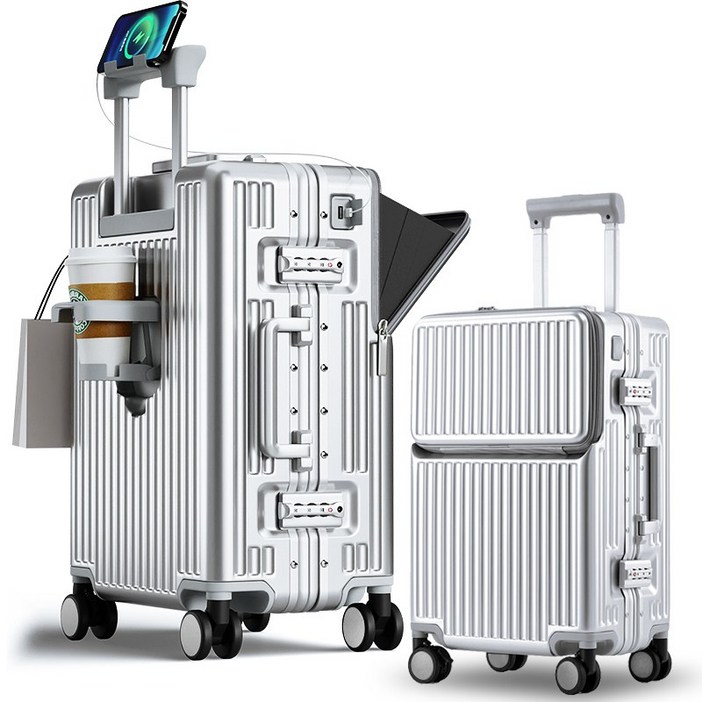 3년AS REGESY 캐리어 알루미늄프레임 경량화 저소음 360도 회전 브레이크 휠 USB 충전포트 컵홀더 핸드폰 거치대 중대형 여행용 기내용 캐리어