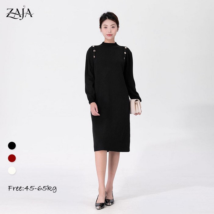 ZAJA 여성 가을 겨울 니트 원피스 반폴라 미디 원피스