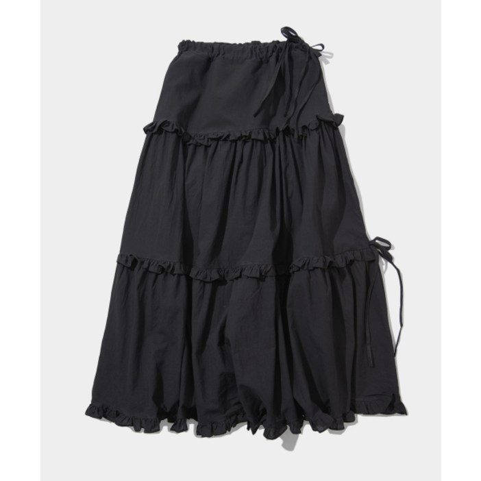 플레이스 스튜디오 캉캉 프릴 플레어 리본 셔링 롱 코튼 스커트 [블랙]