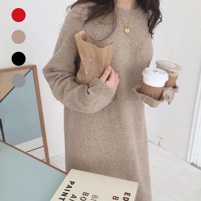 Titikong 여성 니트 라운드 긴팔 미디 오버핏 빅사이즈 롱원피스 임부복