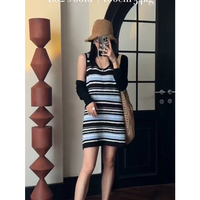 여름 패션 캐주얼 코디 라운드 스트라이프 나시 원피스 날씬해 보이는 나시 스커트