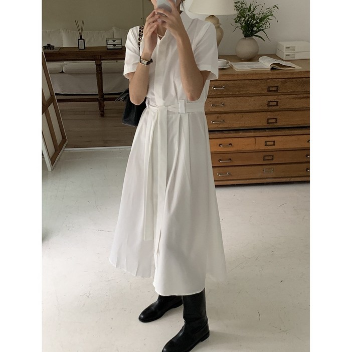 루어스룸 필립 카라넥 가을 셔츠 허리끈 벨트 A라인 플레어 하객룩 맥시 롱 원피스