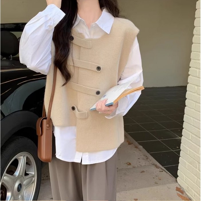 여성용 루즈핏 숏 포인트룩 베스토 조끼 베스트