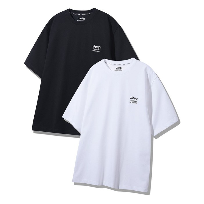 지프 JEEP 반팔 티셔츠 남녀 공용 커플 세미 오버핏 반팔티 1+1 화이트 블랙 2팩