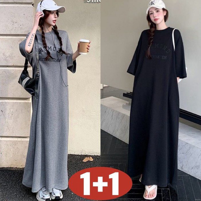 (완전 편한) 150kg까지 빅사이즈 1+1 여성 시카고 레터링 프린트 롱 티셔츠 원피스 여름 편한 심플 박스 루즈핏 날씬해보이는 베이직 반팔 주머니있는 외출용 홈웨어 원피스