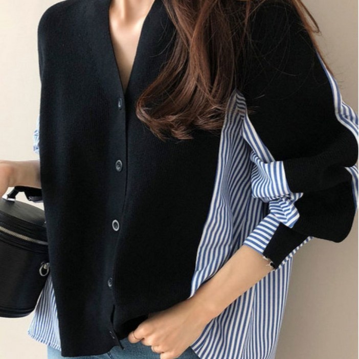 dulandQ 봄가을 여성 라운드넥 스트라이프 루즈핏니트 가디건 A04