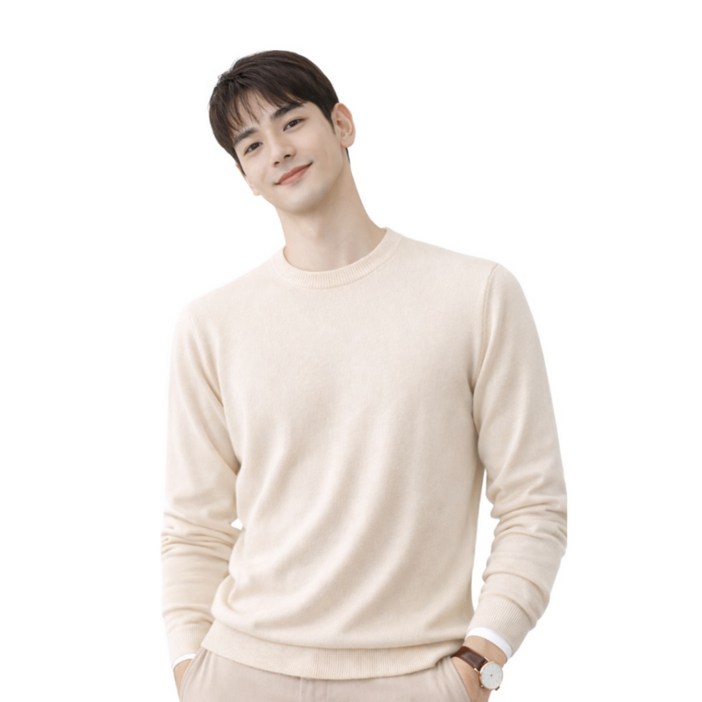 YEON HOME 남성 라운드 니트 베이직 긴팔티 데일리룩