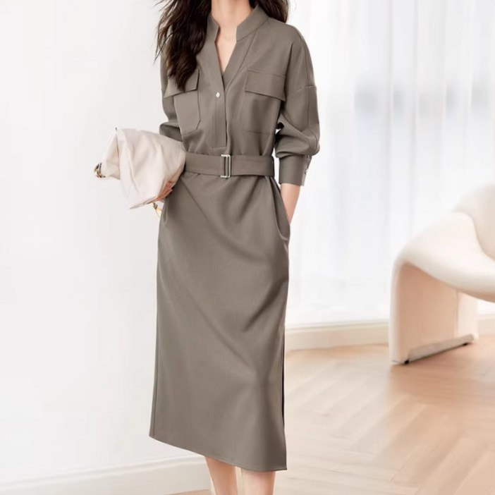 에버리씽 여성 카라넥 슬림핏 벨트 롱 셔츠 원피스 Q326