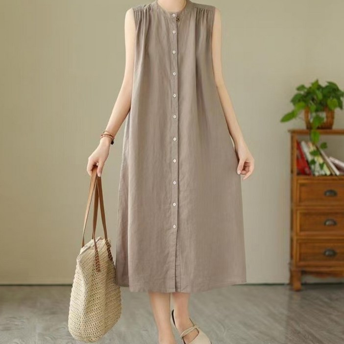 타임퓨어 여성 여름 루즈핏 캐주얼 롱 캐주얼 민소매 솔리드 원피스 라운드넥 시원한 휴양지 민소매 나시 원피스