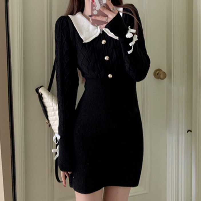 구디프 레이디 카라 짜임 니트 H라인 긴팔 원피스