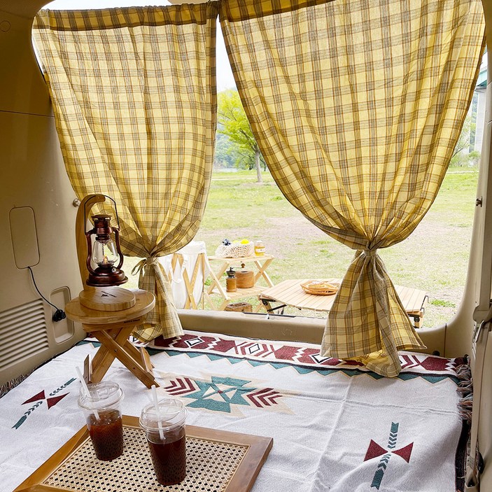 픽홈 레트로 체크 차박 커튼 2p  커튼끈 2p  로프  파우치  앵두전구 세트, 옐로우, 1세트