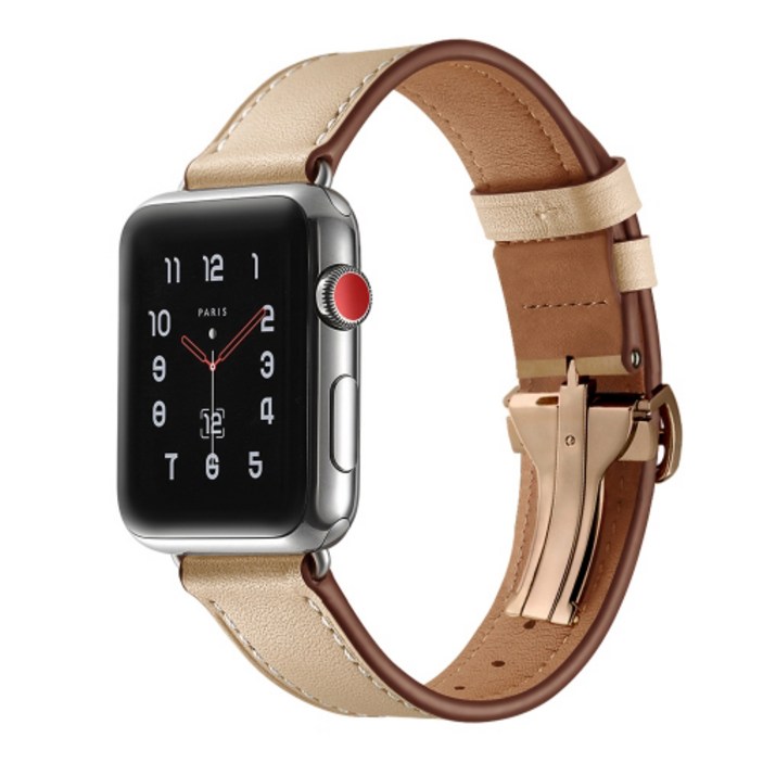 엔인원 애플워치 가죽 스트랩 싱글폴딩 디버클 시계줄 전기종 호환용, 로즈골드 싱글폴딩 디버클 / 아이보리 스트랩