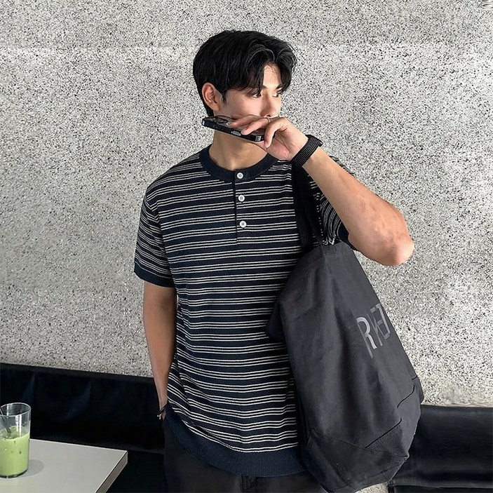 ANYOU 남성 슬림핏 스트라이프 니트 반팔티 베이직 데일리 티셔츠