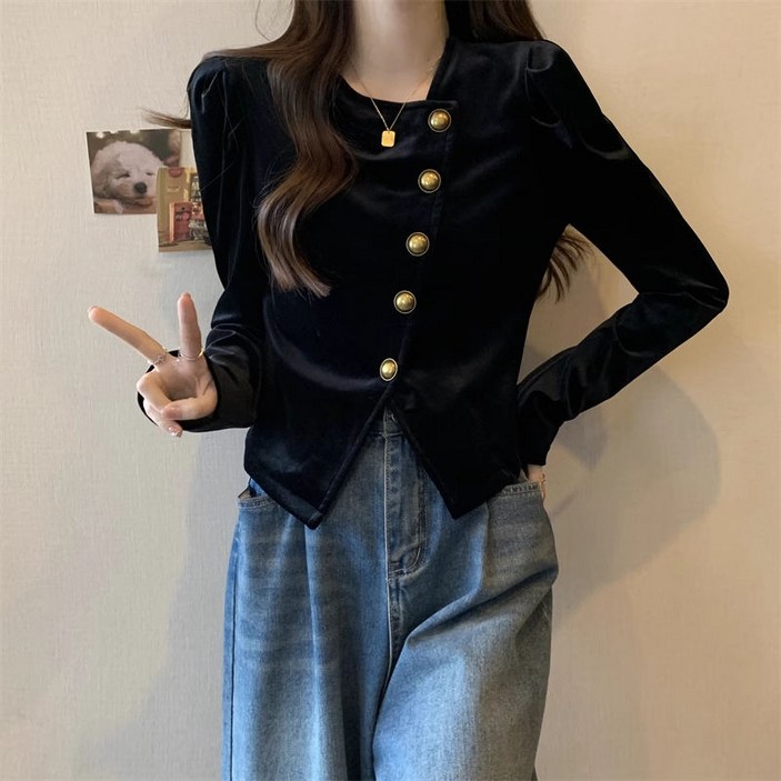 COSYEVNO 여성 벨벳 블라우스 가을 패션 언밸런스 퍼프 소매 트임 긴팔 상의 lyjsrtx06