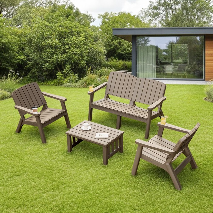 사계절 4인 테이블 소파 세트 실내 야외 정원 카페 커피숍 루프탑 플라스틱 낮은 쇼파 의자, 라이트 브라운