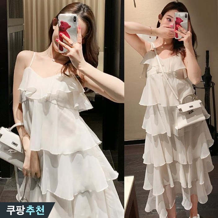 여성 핏 예쁜 케이크 레이어드 쉬폰 바캉스 끈나시 원피스 여름 어깨끈조절 빅사이즈 캉캉 휴양지 해외 여행 해변 우아한 이너 코디 블랙 흰색 포인트 민소매 공주풍 a라인 롱원피스