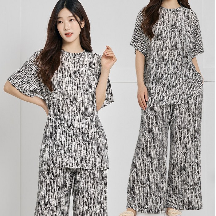 당일발송 메이징 여름 아이스 레터링 패턴 쿨 루즈핏 편안한 반팔티 와이드 긴바지 세트