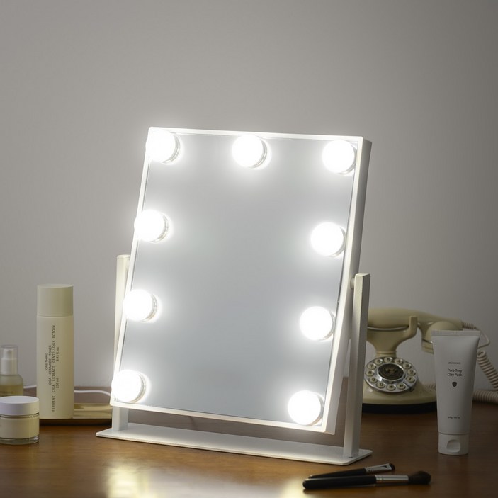 원목화장대거울 나쥬랑 메이크업 거울 LED 무선 조명 화장 거울, 화이트