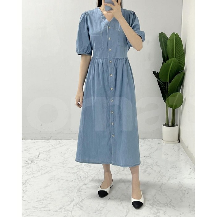 오르네트 여성 루즈핏 브이넥 퍼프 소매 데님 롱원피스