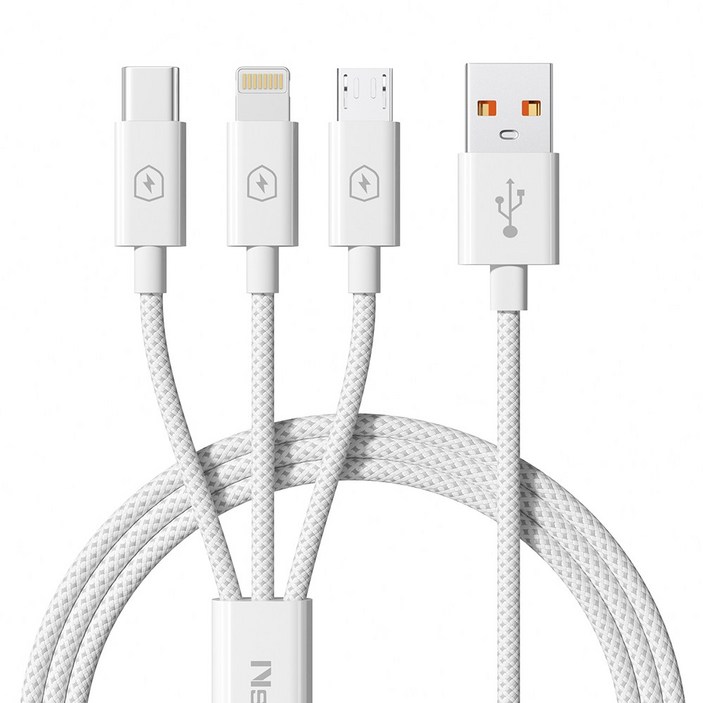 3 in 1 고속 충전 케이블 usb to c 라이트닝마이크로5핀 충전 케이블 0.6m1m1.5m2m 케이블 패브릭 차량용케이블, 1개, 화이트, 1m