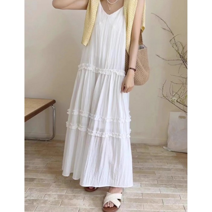 글로리원 여성 데일리 루즈핏 나시 끈 프릴 캉캉 롱 원피스