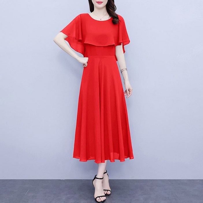 IWMAFT 여성 롱 원피스 라운드넥 쉬폰 케이프 반팔 플레어 A라인 슬림핏 체형커버 여름 데일리 드레스 HY982