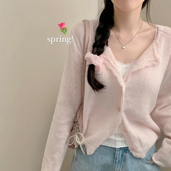 솜사탕 긴팔 니트 가디건 핑크 소라 (4컬러) / 니트 긴팔니트 가디건 여성가디건 봄가디건 벚꽃룩