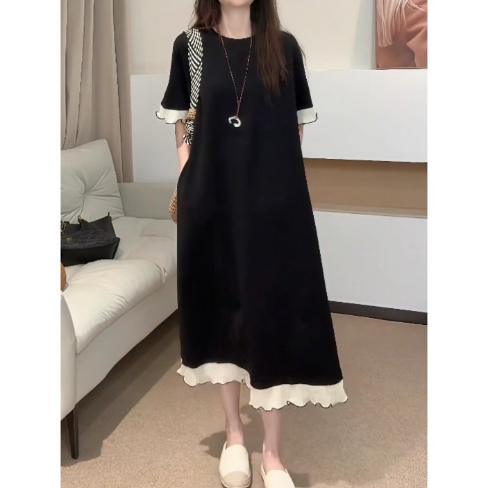 여성 빅사이즈 디자인 배색 블랙 원피스