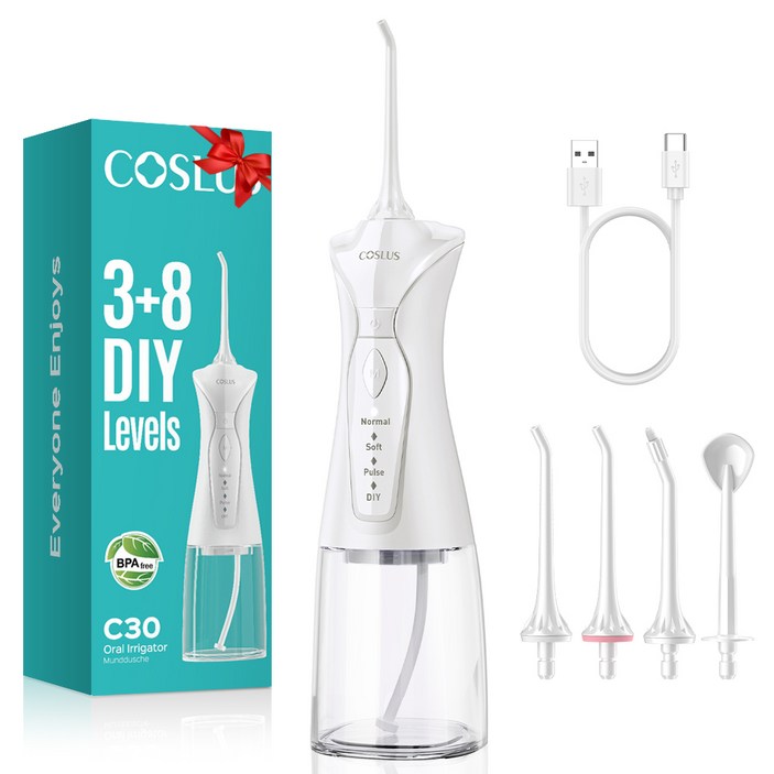 코슬루스 38 모드 무선 구강세정기 IPX7 급방수  4개노즐팁, 화이트