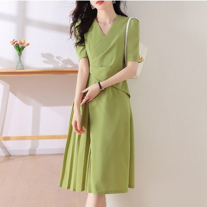 POMTOR 여성 여름 쉬폰 A라인 쉬폰 정장 하객룩 롱 셔링 원피스