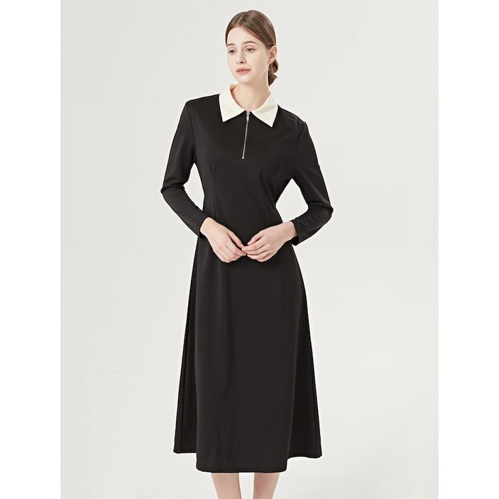 TANKUS 카라 배색 핀턱 백 리본 슬림 롱 원피스 (TW1OP008L0) 663465