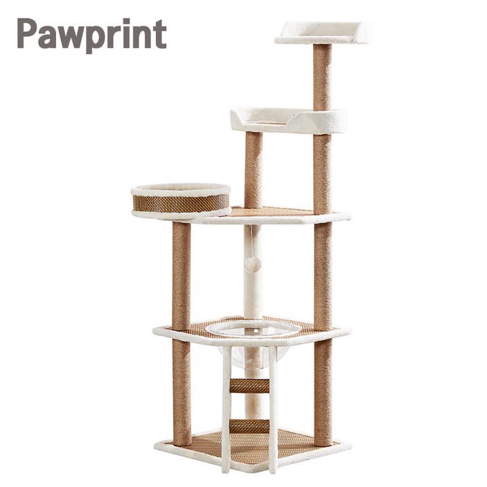 Pawprint 캣타워 - 고양이에게 안정적이고 넓은 공간 제공, 스크래처로 발톱 관리 가능, 튼튼한 내구성으로 오래 사용, 심플 디자인으로 거실 및 작은 공간에 적합