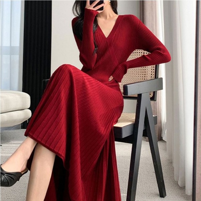 [순이야] C.여성 골지 브이넥 니트 롱 원피스