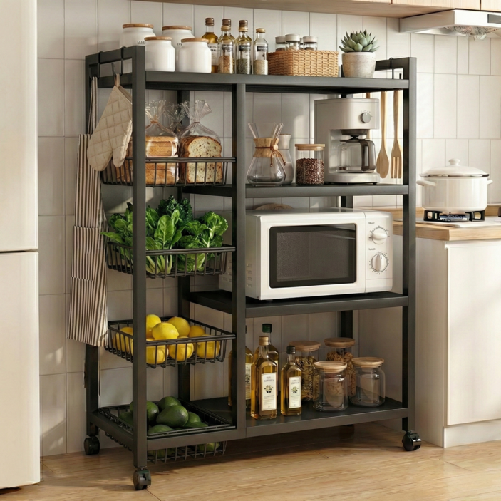 CUBBYCASE 이동식 철제 주방 수납 선반 전자레인지 다층 가정용 정리 선반, 4단, 블랙