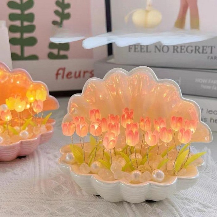 핸드메이드 DIY 쉘 튤립 무드등 밝기조절 가능한 침실 인테리어 조명 선물용 감성적인 분위기 테이블 램프 독특한 디자인 창의적인 선물 아이방 장식용