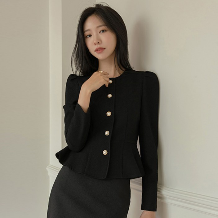 BLO296 샤르망 페플럼 라인 진주 버튼 블라우스