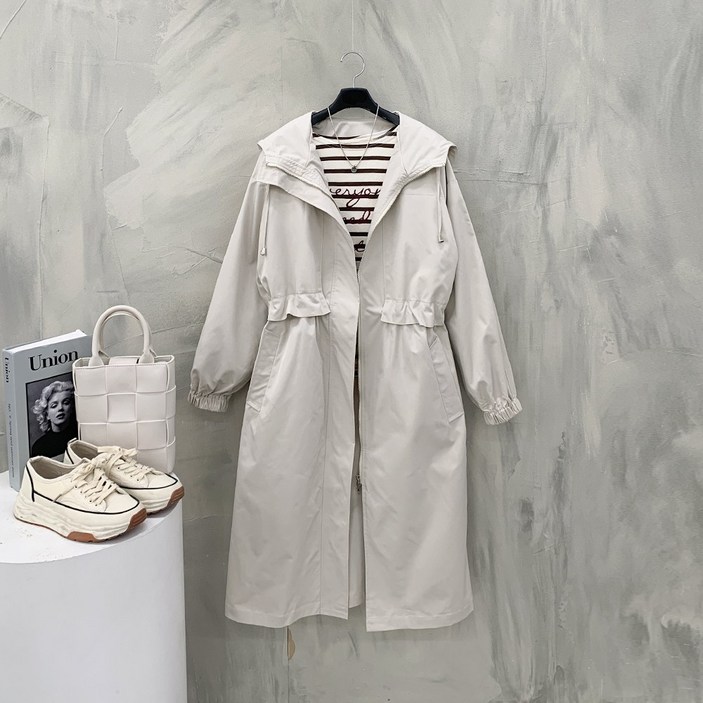 행복여 델드 포켓 포인트 허리 스트링 후드 롱 야상 점퍼