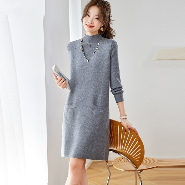 휠렉스 여성 겨울 반목 니트 미디 원피스 H라인 포켓 데일리 오피스룩 YD16