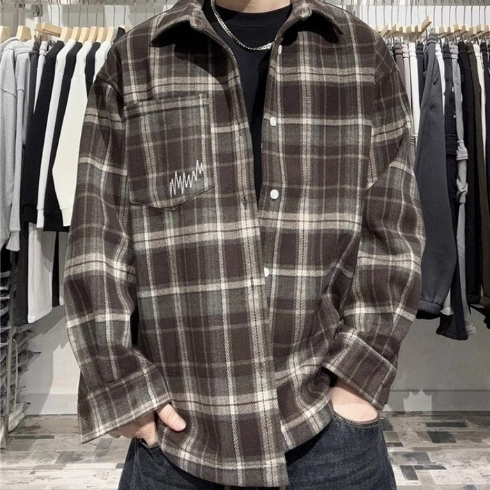 WILDSEA 남녀공용 고품질 오버핏 커플 빅사이즈 남방 체크 셔츠