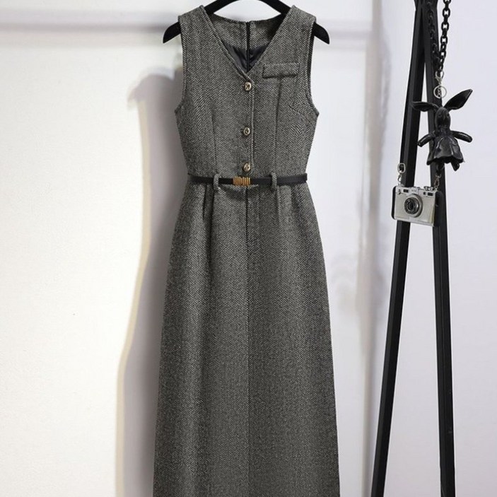 COSYEVNO 모직 나시 원피스 여성 가을 겨울 허리띠 롱 민소매 스커트