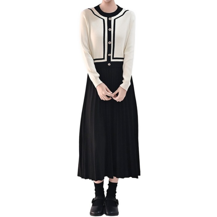 클레이스 니트 배색 플리츠 롱원피스