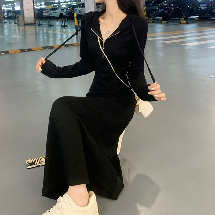구디프 여성용 프렌치 캐주얼 데일리 후드 롱원피스